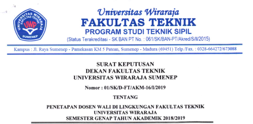 PENETAPAN DOSEN WALI FAKULTAS TEKNIK SEMESTER GENAP TA. 2018-2019